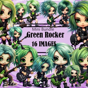 Groen haar rocker meisje gitaar Chibi kawaii kunst clipart-afbeeldingen sublimatie bundel ongewenste dagboek plakboek PNG-bestand transparante download