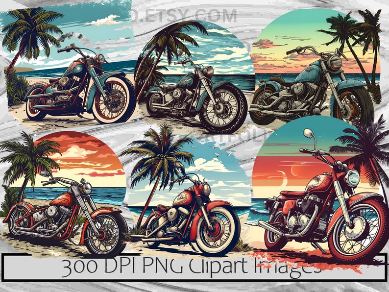 May include: Five digital illustrations of vintage motorcycles with palm trees and sunset backgrounds. Each motorcycle is a different color and style. The text "300 DPI PNG Clipart Images" is at the bottom of the image.
