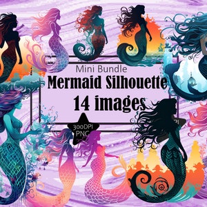 Meerjungfrau Silouette PNG Grafiken Unterwasser Fabelwesen Sublimation Bundle Junk Journal Sammelalbum PNG Datei Transparent Download