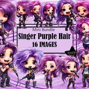 Cantante dai capelli viola che canta ragazza Chibi Kawaii Art Clipart Grafica Sublimazione Bundle Junk Journal Scrapbook File PNG Trasparente Download
