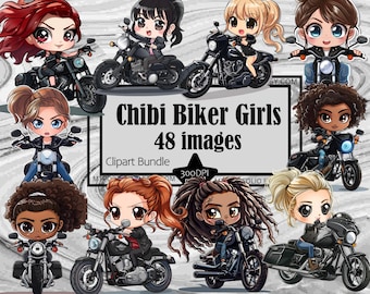 Chibi Biker Girls Clipart Motorcycle PNG Digital Download Leather Jacket PNG Clipart Bundle Commercial Chibi Sportster TShirt Clipart Bundle