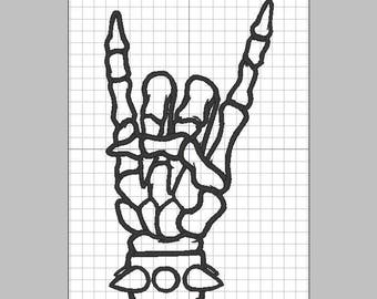 Rock and Roll Skeleton Hand Devil Horns- Embroidery design pattern 4x4 and 5x7 inches - INSTANT Download