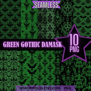 May include: A set of 10 digital seamless patterns featuring a green gothic damask design with bats. The patterns are in PNG format.  "GREEN GOTHIC DAMASK" and "MTPORTFOLIO.ETSY.COM PNG" are written at the bottom of the image.
