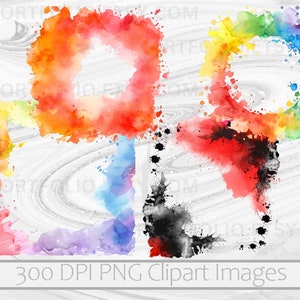 May include: Four watercolor frames in different colors, including red, orange, yellow, green, blue, purple, and black. The frames are in the shape of squares and circles. The frames are on a white background. 300 DPI PNG Clipart Images