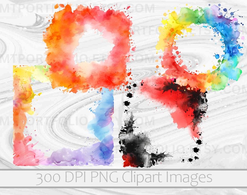 May include: Four watercolor frames in different colors, including red, orange, yellow, green, blue, purple, and black. The frames are in the shape of squares and circles. The frames are on a white background. 300 DPI PNG Clipart Images