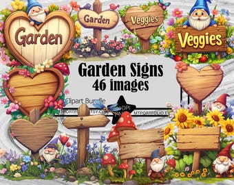 Garden Wooden Sign Clipart Floral Gnome Heart Shape Rustic Wood Sign PNG Graphic Transparent Weathered Wood Digital Download Junk Journal
