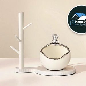 Ceramic Accessory Tray with Bear | Modern Jewelry & Key Holder | Cute Decorative Figurine Bowl | Entryway or Tabletop Stylish Display