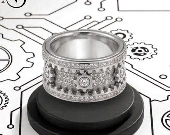 Sterling Silver Gear Spinning Ring, Stress Relief Ring, Anti Anxiety Fidget Ring, Mechanical Inspire Jewelry, Car Enthusiast Gift