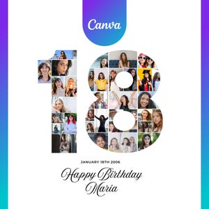 18th Birthday Photo Collage Template, Number 18 Collage, 50th Collage, Custom Gift for her, 18th Birthday, Number Collage, Canva Template