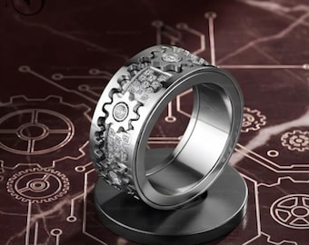Sterling Silver Gear Spinning Ring, Gear Fidget Ring, Anti Anxiety Fidget Ring, Mechanical Inspire Jewelry, Car Enthusiast Gift