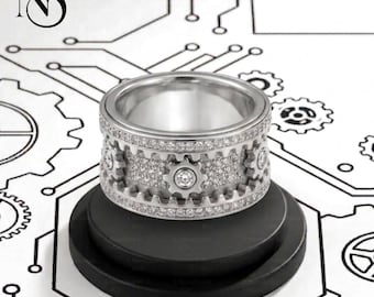 Sterling Silver Gear Spinning Ring, Stress Relief Ring, Anti Anxiety Fidget Ring, Mechanical Inspire Jewelry, Car Enthusiast Gift
