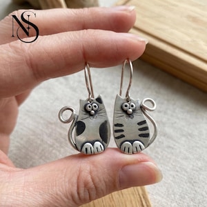 Sterling Silver Cat Earrings, Vintage Cat Earrings Dangle Women, Boho Cat Jewelry, Cat Lover gift, Handcrafted cat Earrings