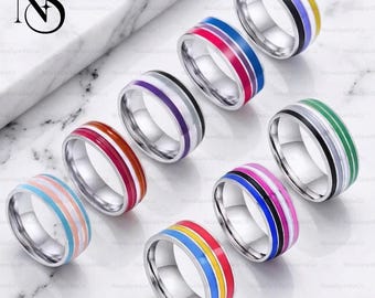Stainless Steel Lesbian Ring, LGBT Feminist Rings, Lesbian Pride Ring, Rainbow Stripe Band, Lesbian Promise Ring, LGBT Jewelry, Pride Ring