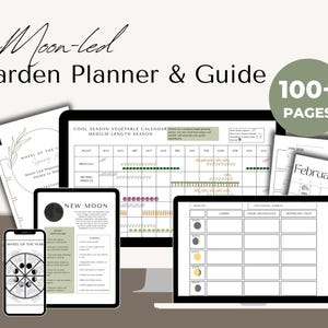 Może przedstawiać: Cyfrowy planer i przewodnik ogrodniczy z tekstem "Moon-led Garden Planner & Guide" i "100+ PAGES". Obraz przedstawia komputer, tablet, telefon i laptop wyświetlające strony planowania ogrodu i kalendarze.