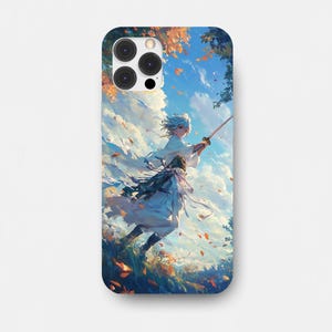 Funda de guerrero de anime, funda resistente para Samsung, funda de espada para iPhone, diseño de hojas y cielo, diseño de anime caprichoso, carcasa protectora de anime