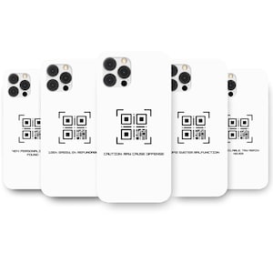 May include: Five white phone cases with a black QR code and text. The text on the cases reads: "404 PERSONALI FOUND", "100% SASSY, 0% REFUNDS", "CAUTION: MAY CAUSE OFFENSE", "OPS SUSTER MALFUNCTION", and "SILABLE TRY AGAIN NEVER".