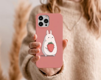 Kawaii Bunny Phone Case for iPhone 17 16 15 Pro Max, Strawberry Pastel Cover, Samsung S26 S25 Tough Case