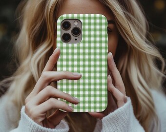 Green White Gingham Check Phone Case for iPhone 17 16 15 Pro, Cottagecore Checkerboard Cover, Samsung S26 Case