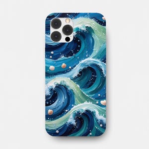 Ocean Waves Seashell Case, ocean waves kawaii, Blue Japanese Waves, seaside for iPhone 16 15 14 13 12 11 pro max and Samsung S24 S23 S22 S21