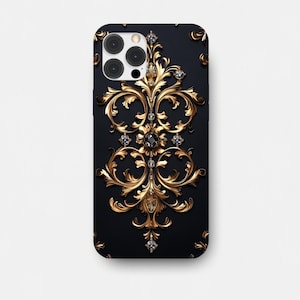 Phone Cases, Black and Gold Baroque Pattern, Luxury Crystal Design for iPhone and Samsung, Elegant Protective Cover, Stylish Mobile
