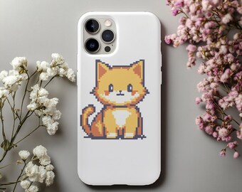 Kawaii Pixelated Anime Cat Phone Case for iPhone 17 16 15 Pro Max, Retro Gaming Cover, Samsung S26 S25 Case