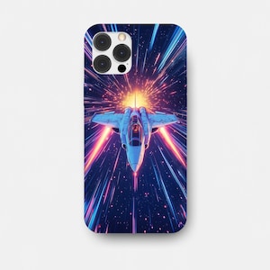 Space Fighter Jet Tough Case, Retro Anime Style Phone Cover for iPhone and Samsung, Spacecraft Protective Shell, Galaxy Spaceship Mobile