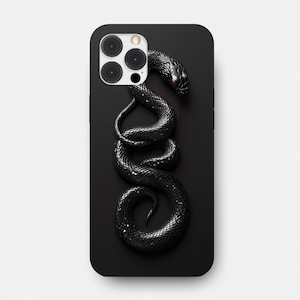 May include: Black phone case with a detailed coiled snake design. The snake has a textured, scaled appearance with a dark, glossy finish. The phone case has a matte black background and a triple-lens camera.