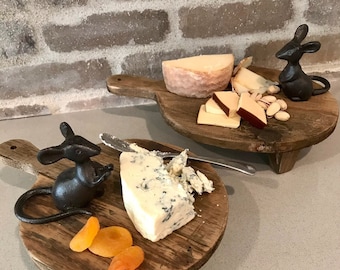 Lot de 2 souris de cuisine en fer - ferme, cadeau de cuisine - pour table ou planche à pain, décor de plateau de charcuterie