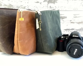 Photograph Accessories Handmade Includes 101 Year Warranty :: Charcoal Black Hide & Drink Waxed Canvas Professional Camera Lens Case Protective Pouch 