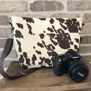 Camera bag, Brown & Cream, Cowhide print by Darby Mack and made in the USA!
