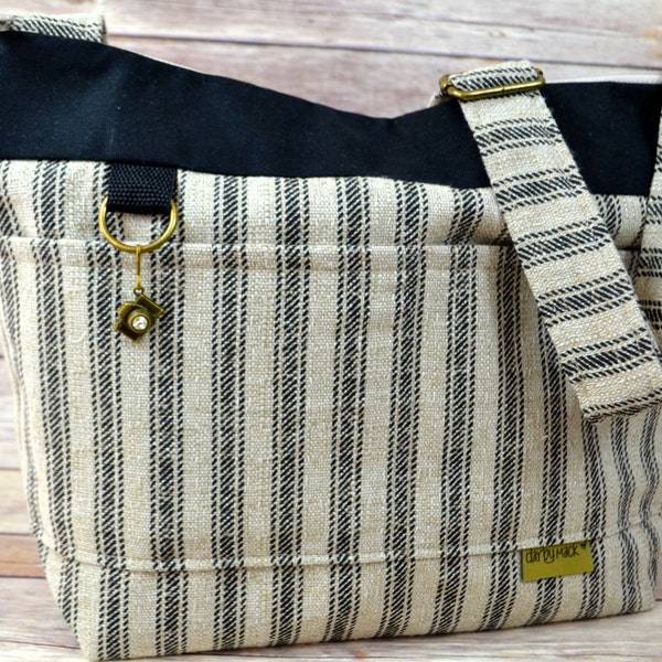 Camera bag Black & Natural, rustic vintage style,  Linen flower / Made in USA / womens French Ticking / stripes / by Darby Mack, in stock