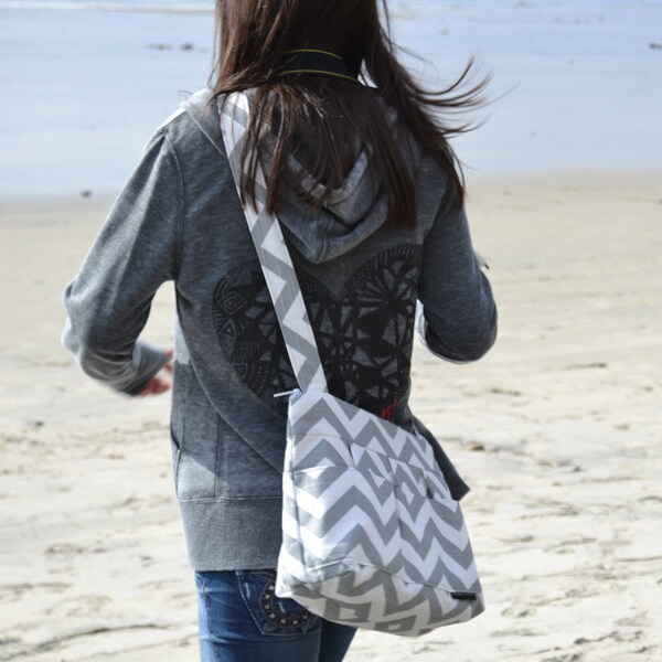 Womens camera bags, made in the USA by Darby Mack Grey Chevron stripe, cotton, washable, best seller!  Lightweight & durable