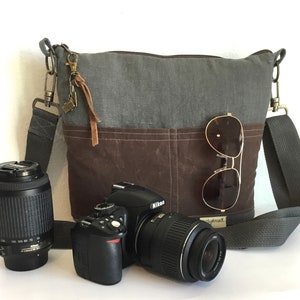 Camera bag, Mack Sack by Darby Mack and made in the USA, Grey Linen & Waxed Canvas