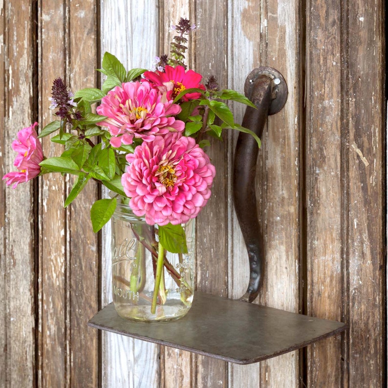 Garden hoe display shelf vintage garden tools Farmhouse look glass mason jar /& silk flowers