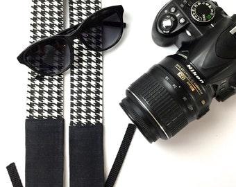 CAMERA STRAP -Black and White Houndstooth Check