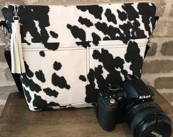 Women's Camera bags, 10" x 12", black and white Cow, Darby Mack and made in the USA
