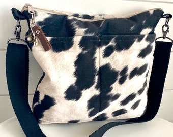 Purse for women,  Black & Cream textured cow print, lightweight Crossbody tote - by Darby Mack