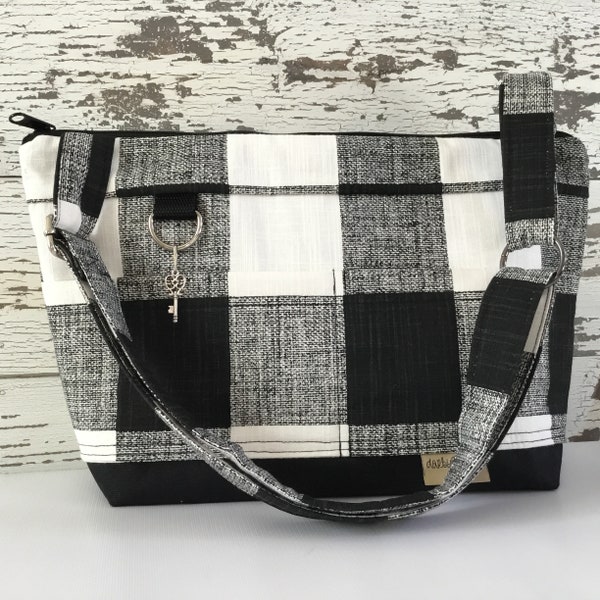 Purse in Black and White Buffalo Plaid - Lightweight Satchel by Darby Mack Made in the USA Check Wax canvas Vegan purse