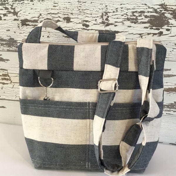 Shoulder purse, smaller size day bag  in cotton / Indigo Blue linen Stripe and Grey Wax Canvas, made by Darby Mack in the USA