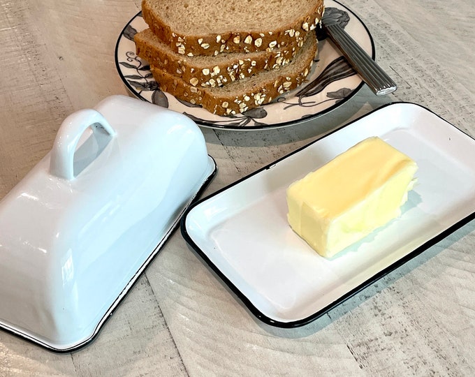 Farmhouse Enamelware Butter Dish in White and Black Etsy