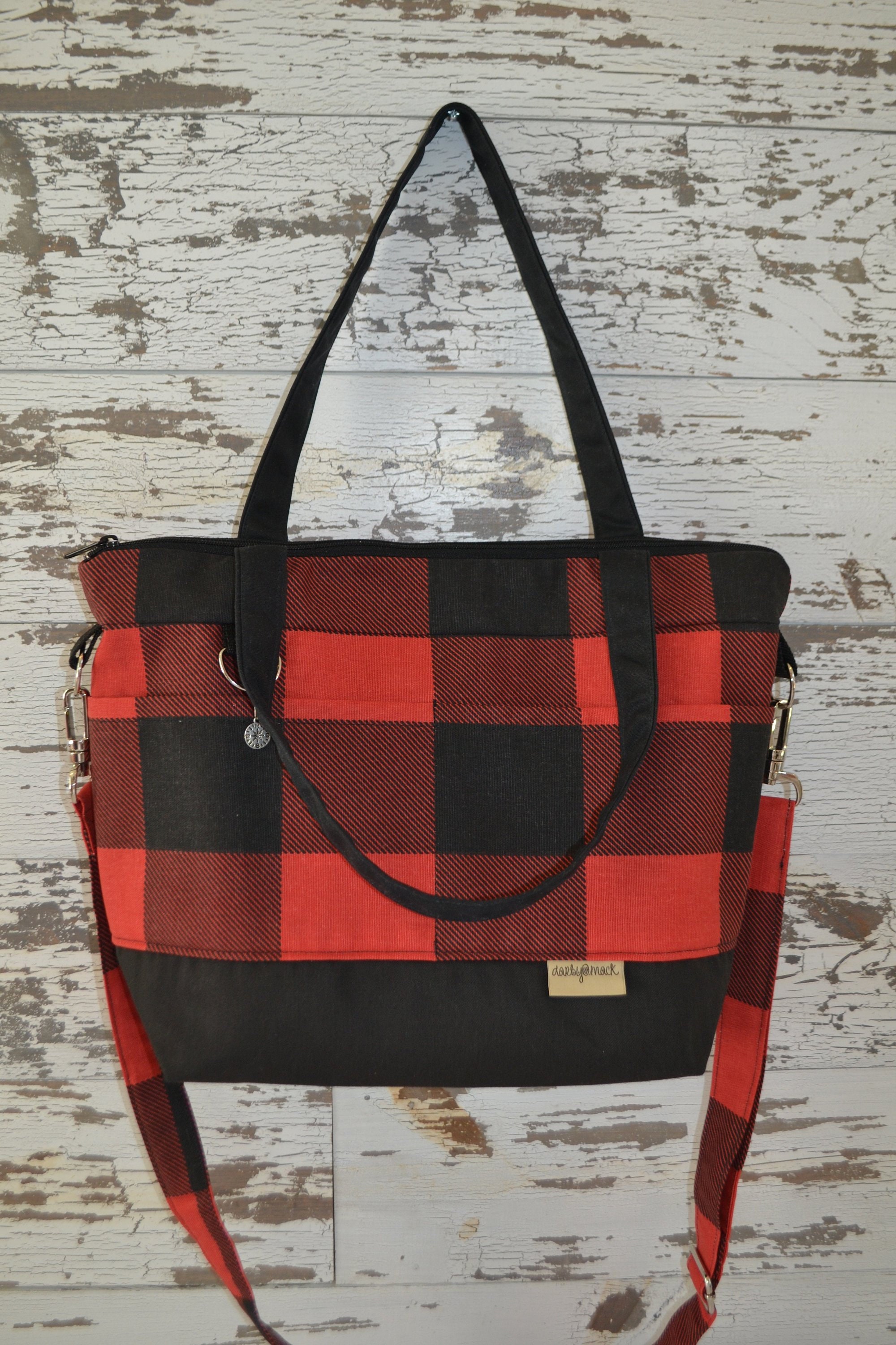 Vegan crossbody bag Day bag Red and black plaid satchel | Etsy