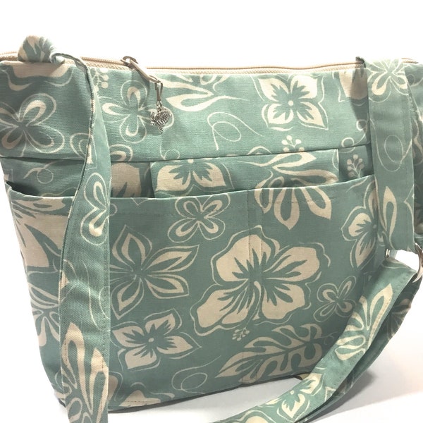 LAST ONE! Aloha Hawiian print floral in Blue, Market tote - shoulder purse with messenger option, Island girl, made in the USA by Darby Mack