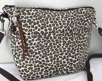 Cheetah messenger purse, 8" x 10" - minimalist, lIghtweight, by Darby Mack,  Made in the USA