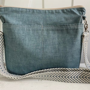 Day bag, Minimalist -  messenger  strap  denim blue canvas, 8 x 10 inch purse -  by Darby Mack &  Made in the USA