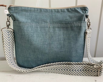 Day bag, Minimalist -  messenger  strap  denim blue canvas, 8 x 10 inch purse -  by Darby Mack &  Made in the USA