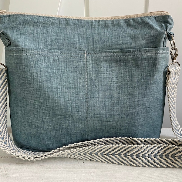 Day bag, Minimalist -  messenger  strap  denim blue Cotton Canvas, 8 x 10 inch purse -  by Darby Mack &  Made in the USA