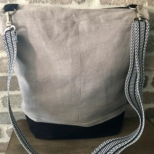 Large Linen Market bag, Natural Flax shade/ black & white woven strap, Darby Mack  made in America