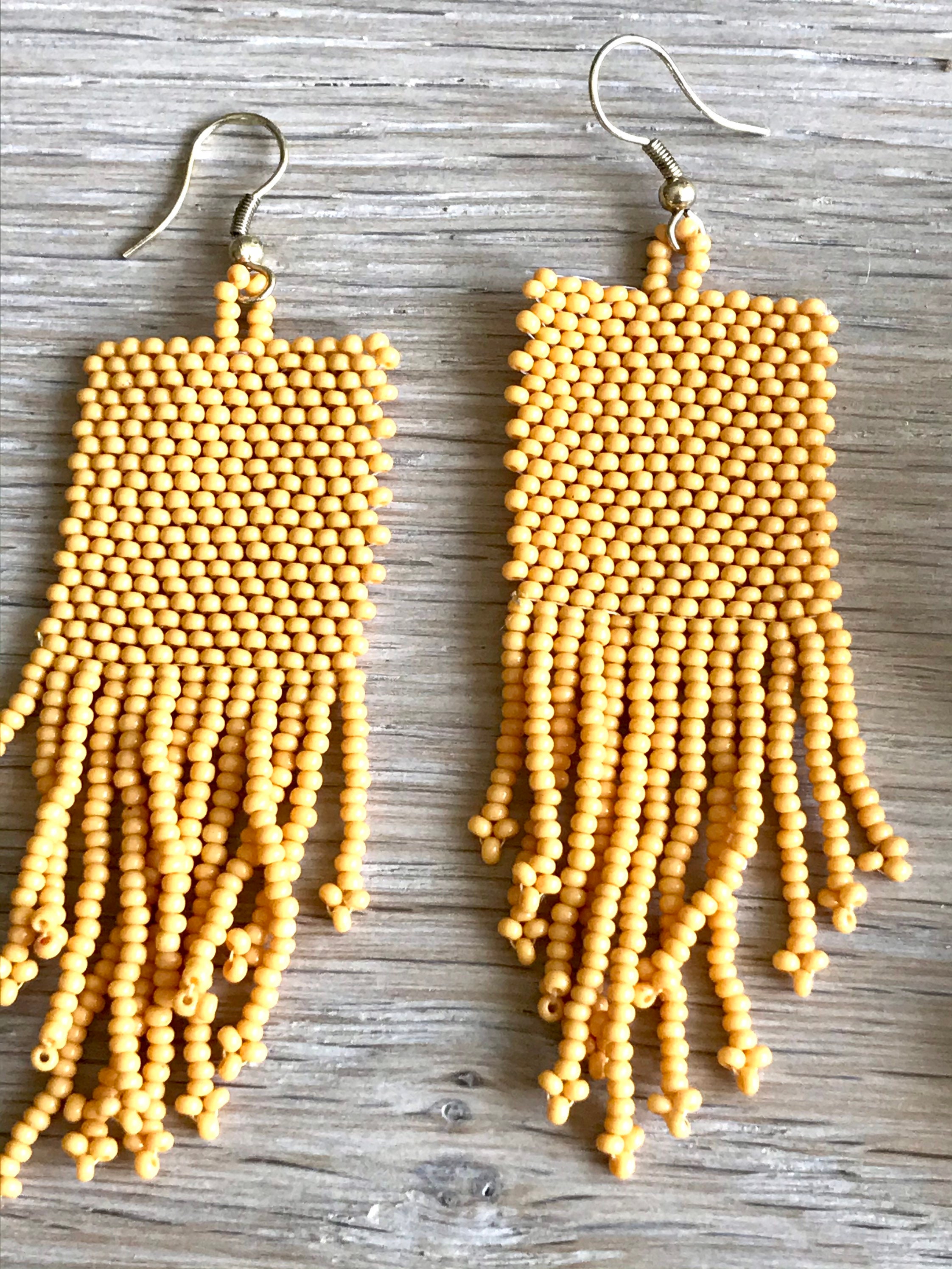 Long beaded earrings Boho Chic tiny Yellow seed beads Etsy