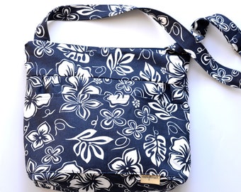 Sac fourre-tout, toile de coton légère bleu marine et blanc, fleur d'hibiscus tropical