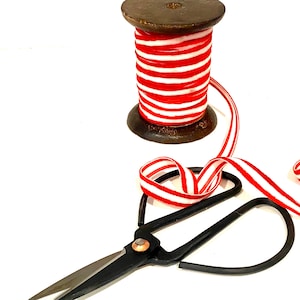 Vintage SPOOL & Scissors, Red stripe cloth Ribbon and antiqued (working) scissors